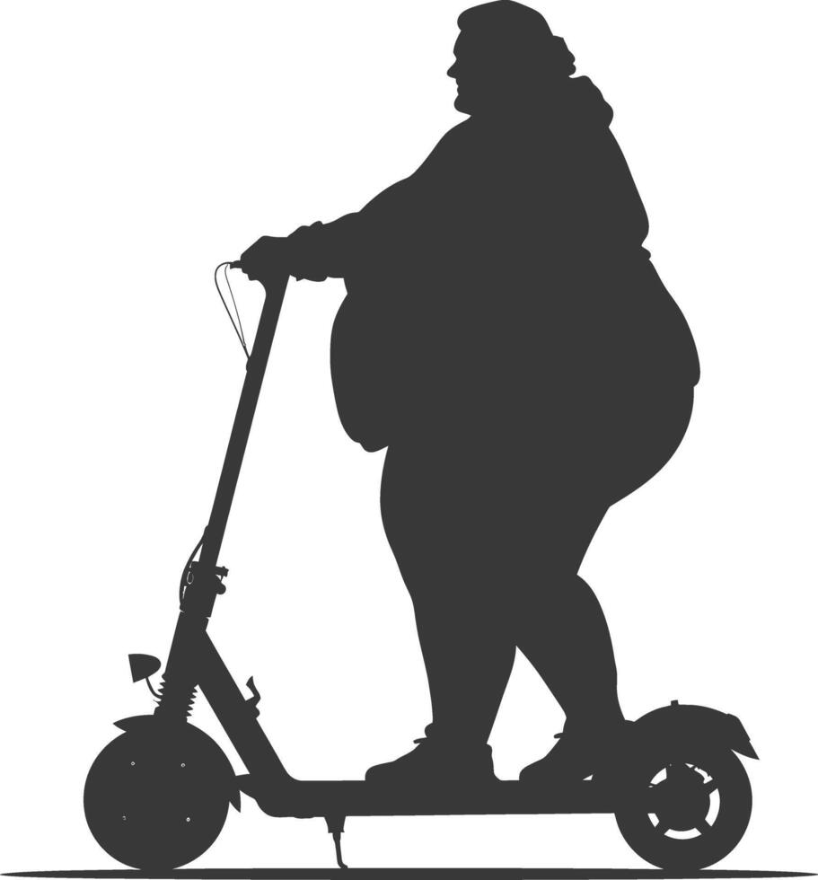 silhouette fat woman riding electric scooter full body black color only vector
