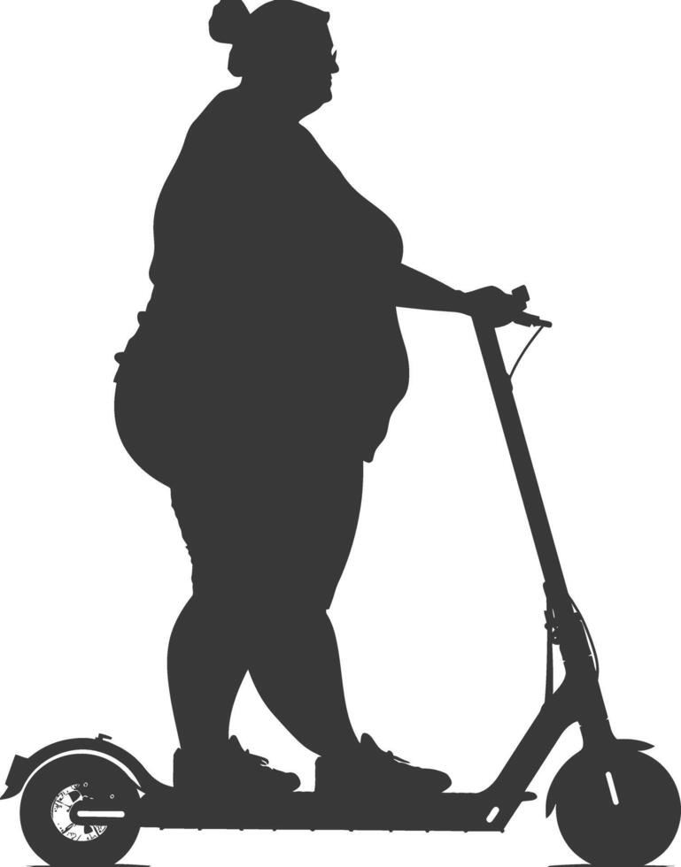 silhouette fat woman riding electric scooter full body black color only vector