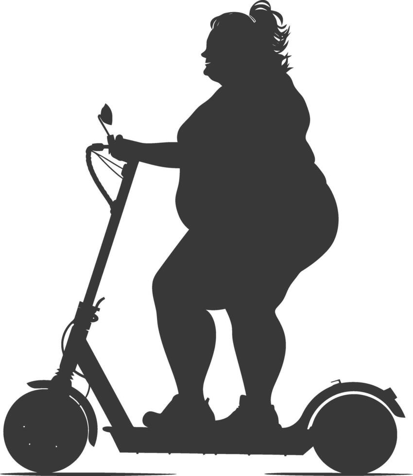 silhouette fat woman riding electric scooter full body black color only vector