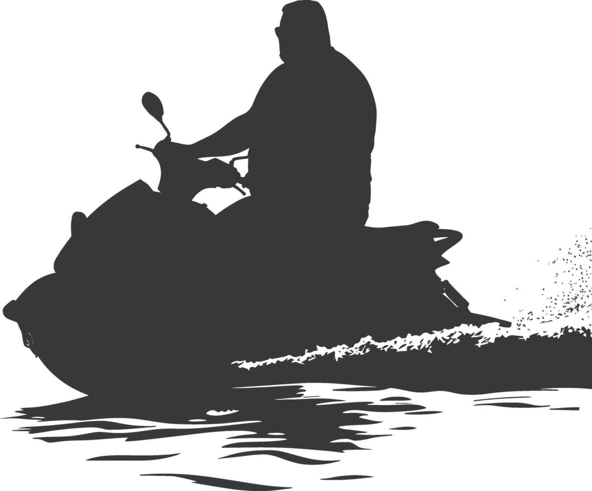 silhouette fat man riding jet ski full body black color only vector