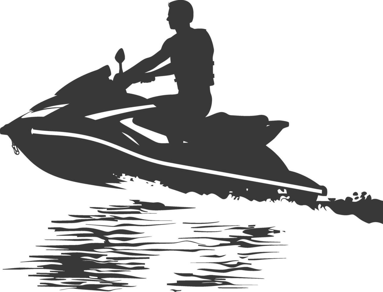 silhouette fat man riding jet ski full body black color only vector