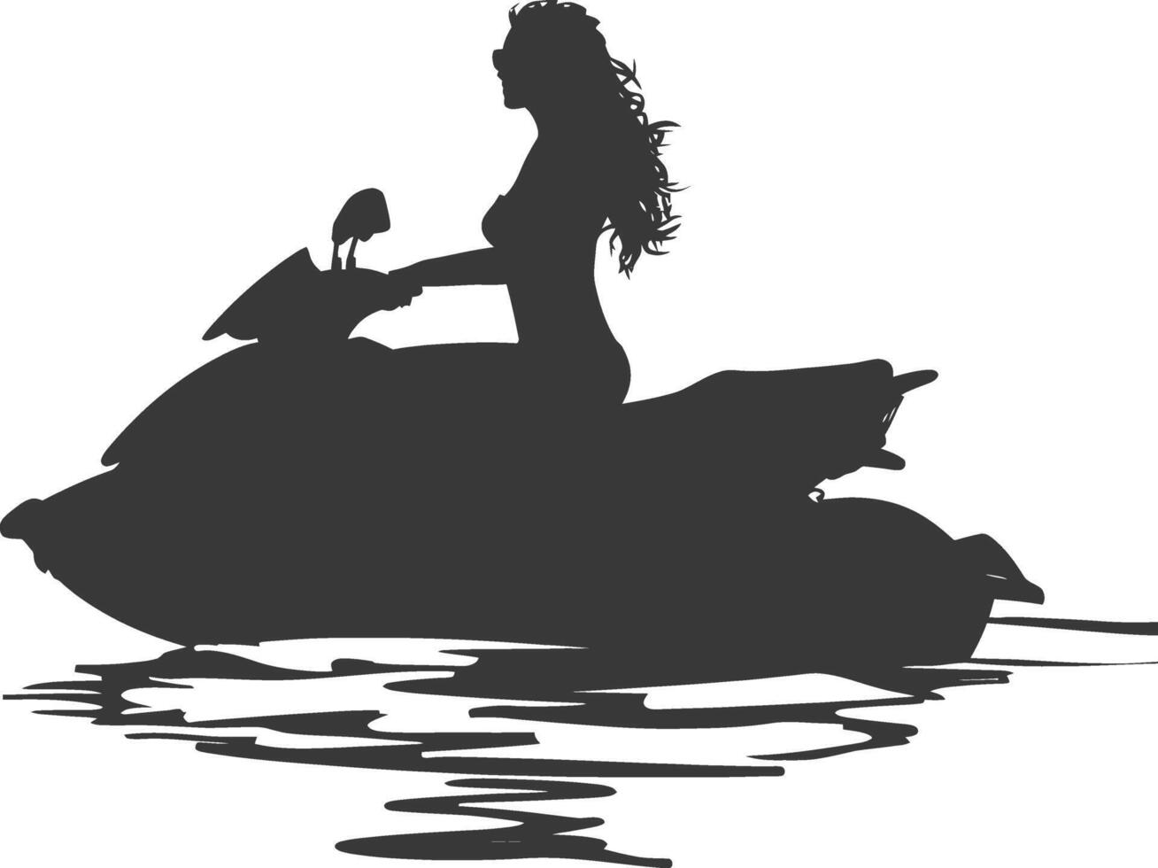 silhouette fat woman riding jet ski full body black color only vector