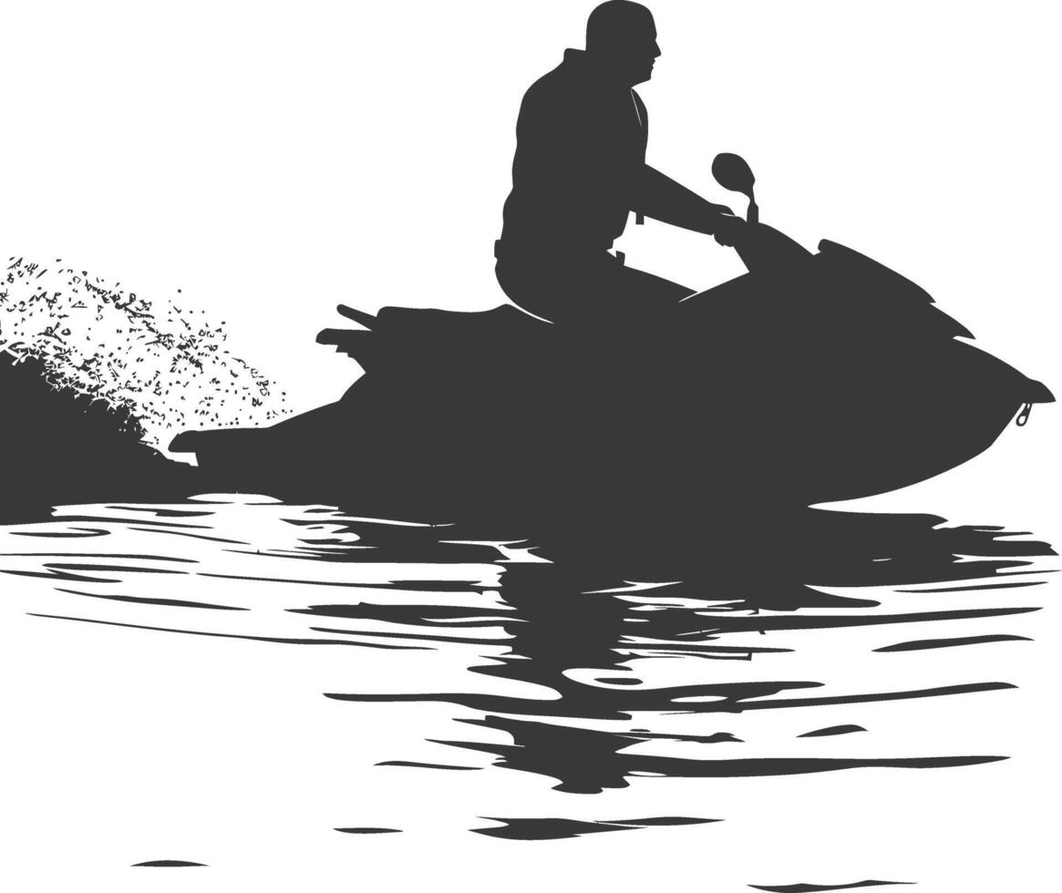 silhouette fat man riding jet ski full body black color only vector
