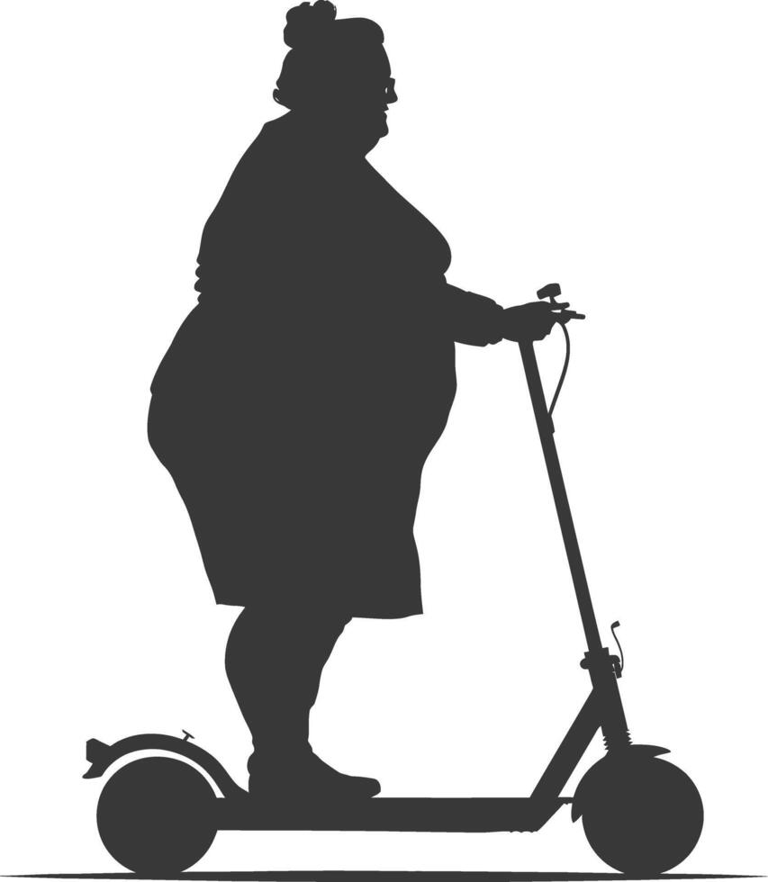 silhouette fat woman riding electric scooter full body black color only vector