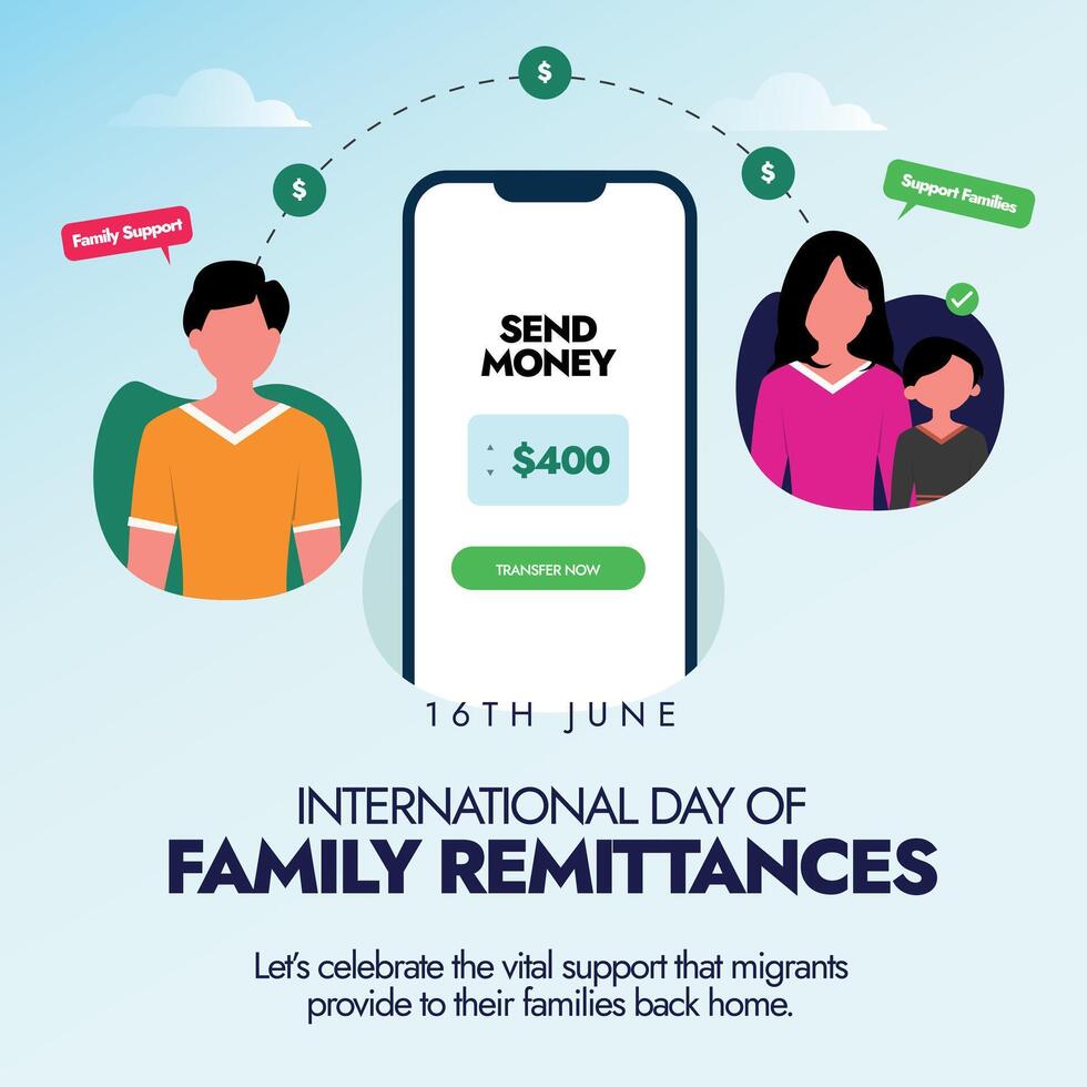 International day of Family remittances. 16th June family remittences day celebration banner, post with money transfer concept from a man to his family. Money transfer details on big smartphone screen vector