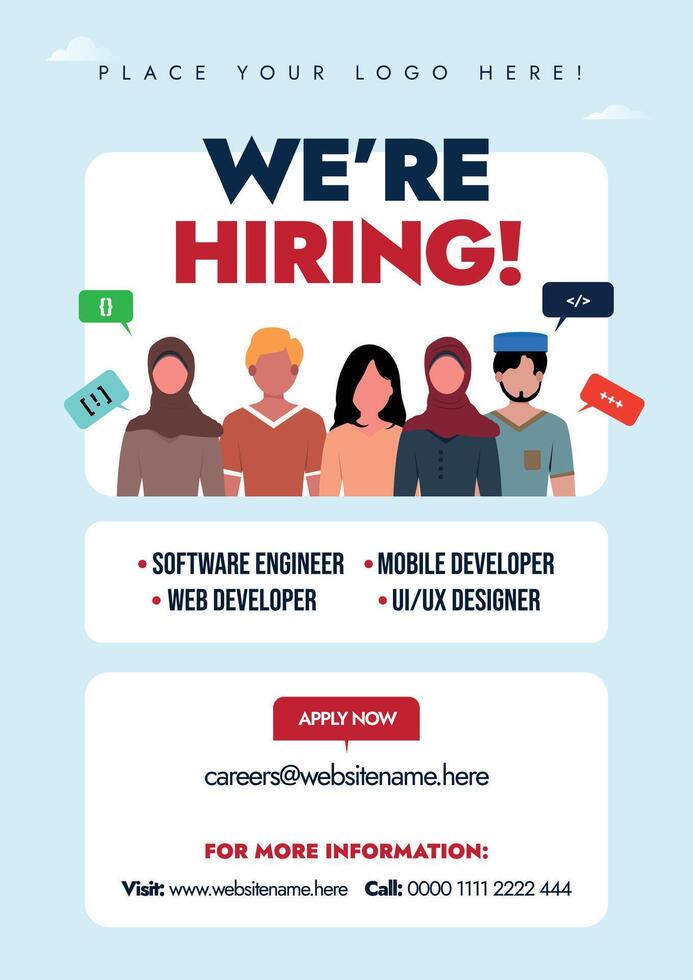 We are hiring. We are hiring graphic designer, content writer announcement banner, brochure with people of different ethnic, Anyone can apply. Apply now and send your CV. Recruitment banner, post. vector