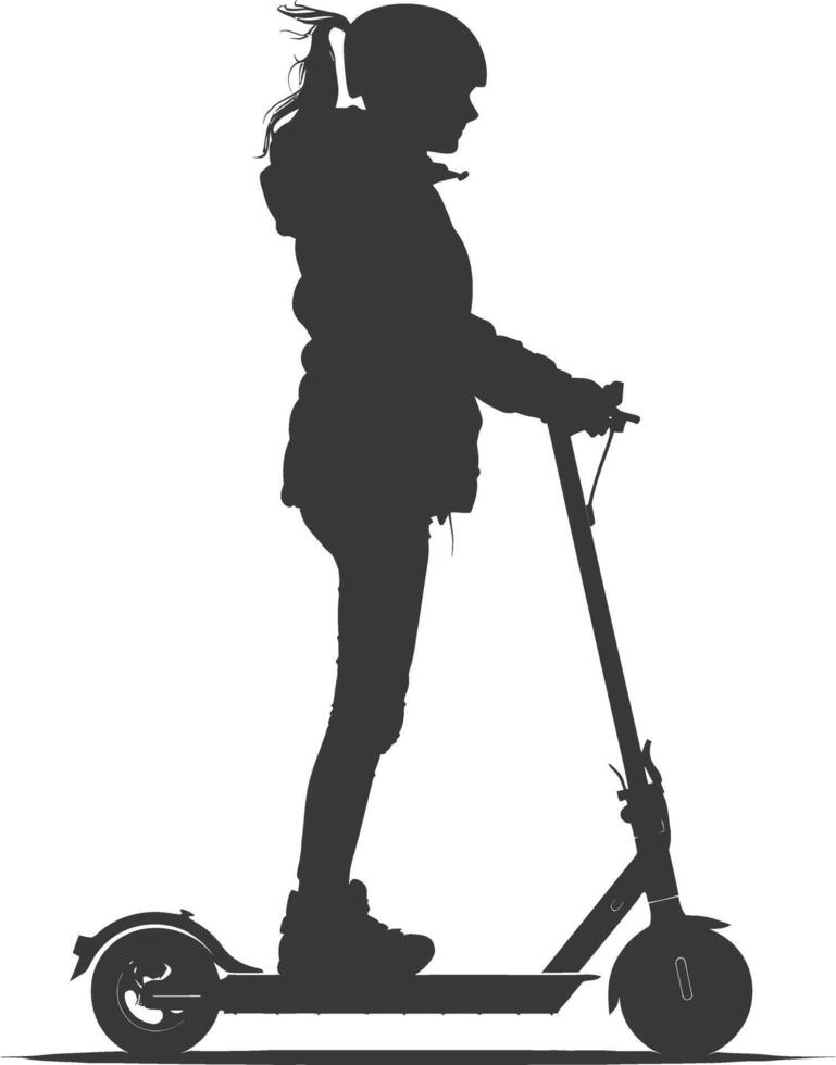 silhouette girl riding electric scooter full body black color only vector