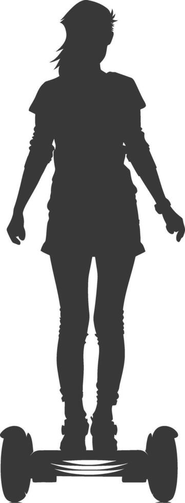 silhouette girl riding hoverboard full body black color only vector