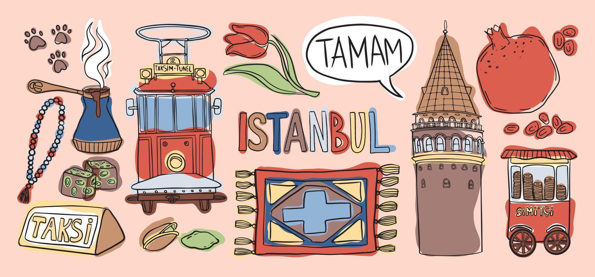 Colorful illustration of Istanbul landmarks, Turkish coffee, tram, Galata Tower, and street food. vector