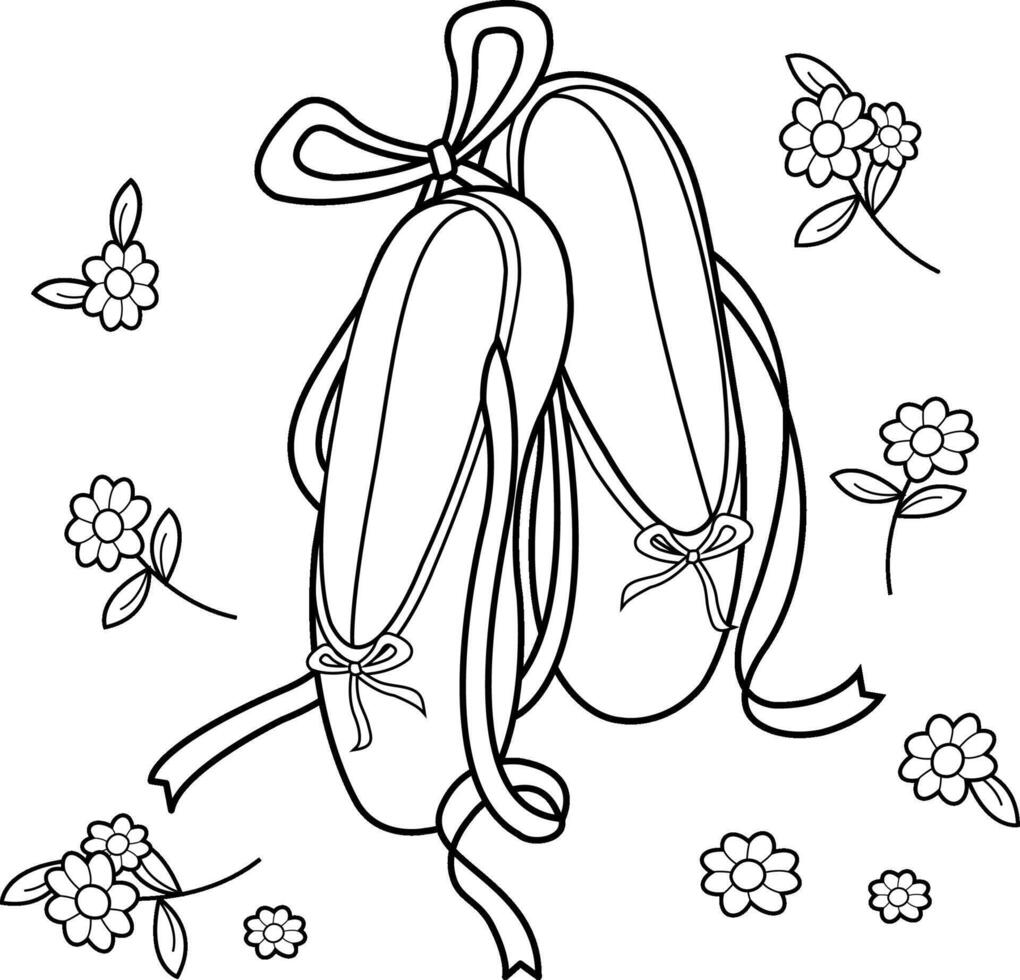 Girls pair of ballet pointe shoes. Ballet flats with ribbons. Ballerina toe shoes for dancing ballet performance. Black and white coloring page vector