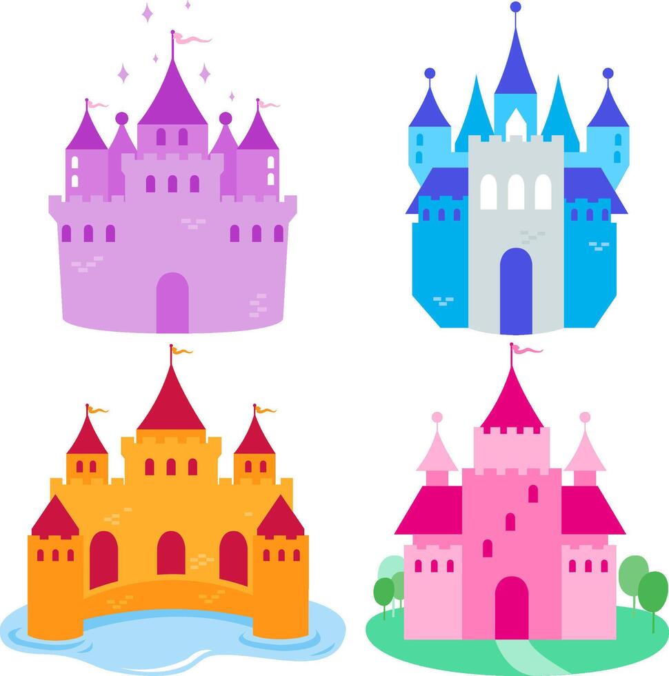 Beautiful fairy tale castles. Royal kingdom towers, old magic castles. Colorful fortress for king and queen. Illustration set vector