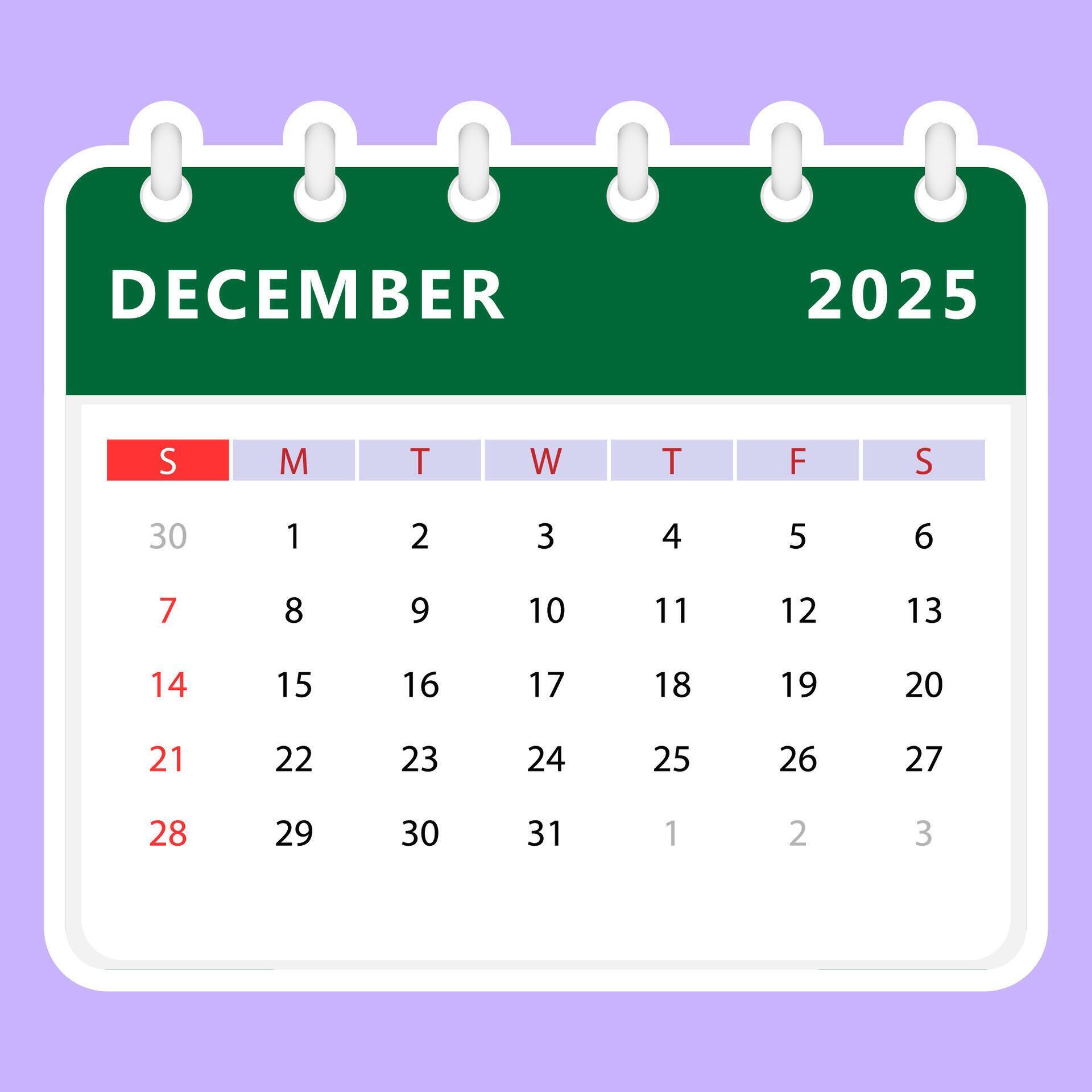 December 2025 calendar. Sunday start 45900006 Vector Art at Vecteezy