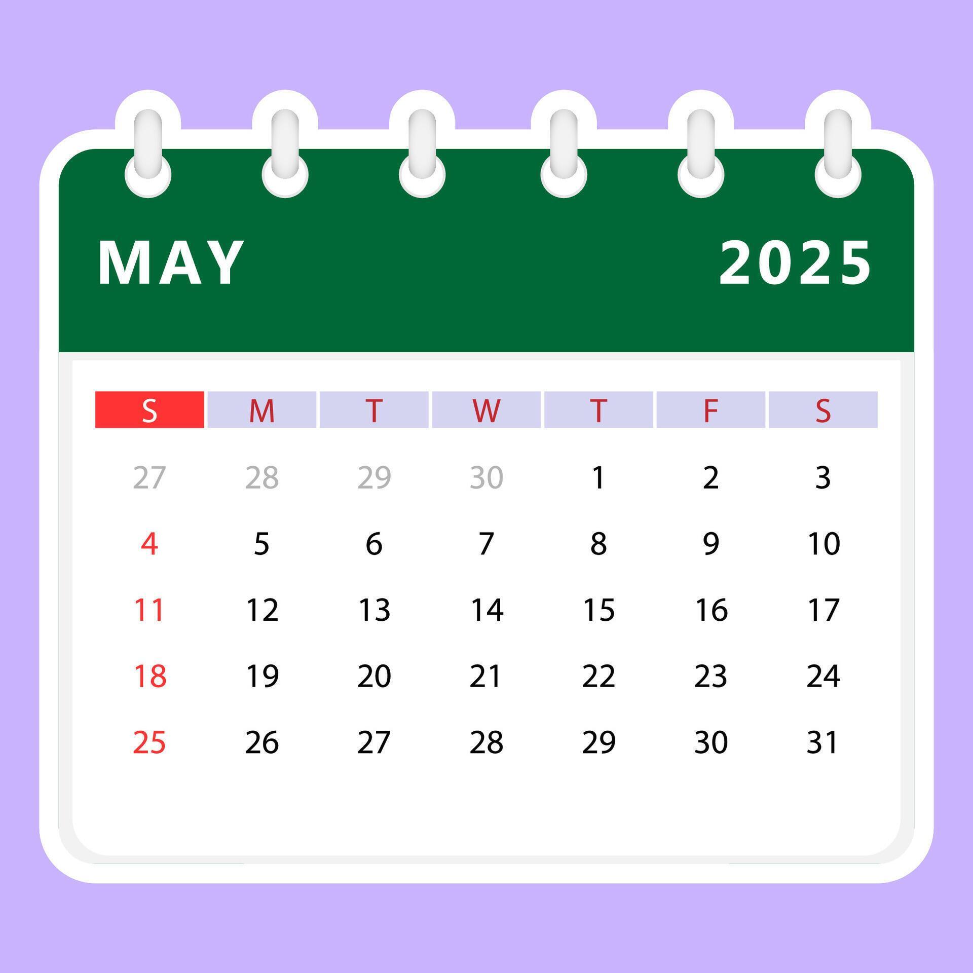 May 2025 calendar. Sunday start 45900008 Vector Art at Vecteezy