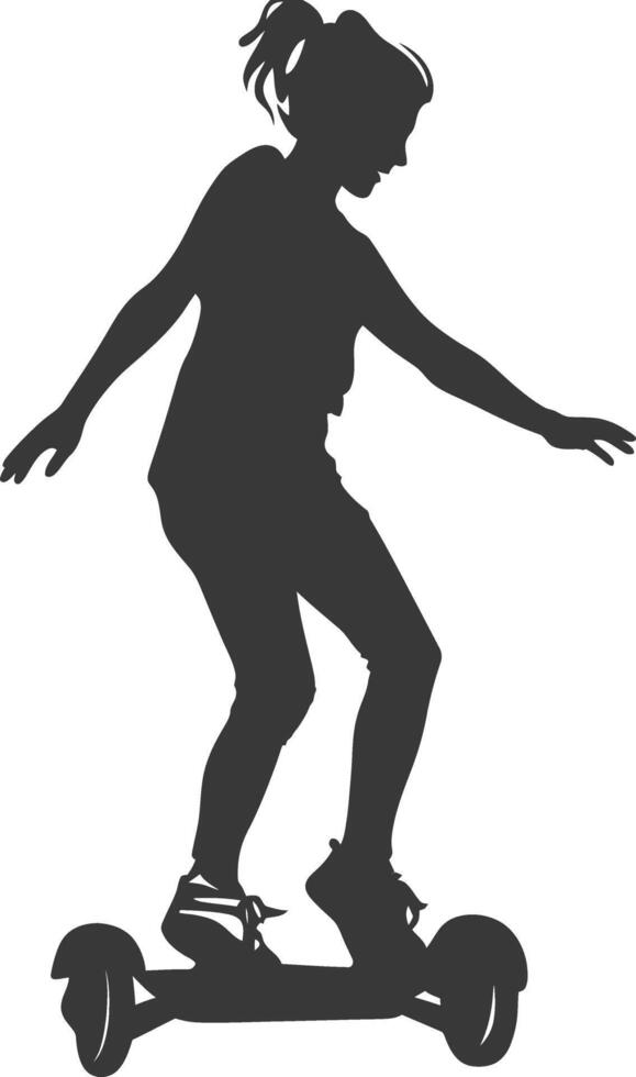 silhouette girl riding hoverboard full body black color only vector