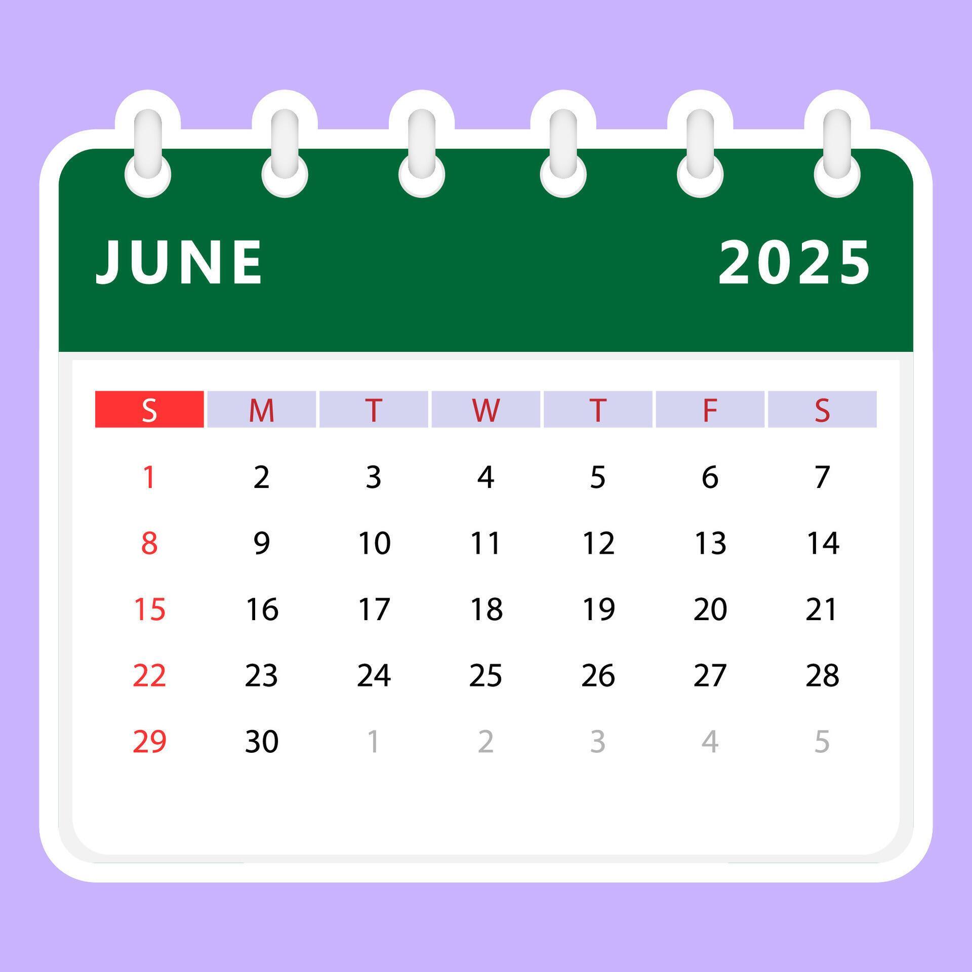 June 2025 calendar. Sunday start 45900016 Vector Art at Vecteezy