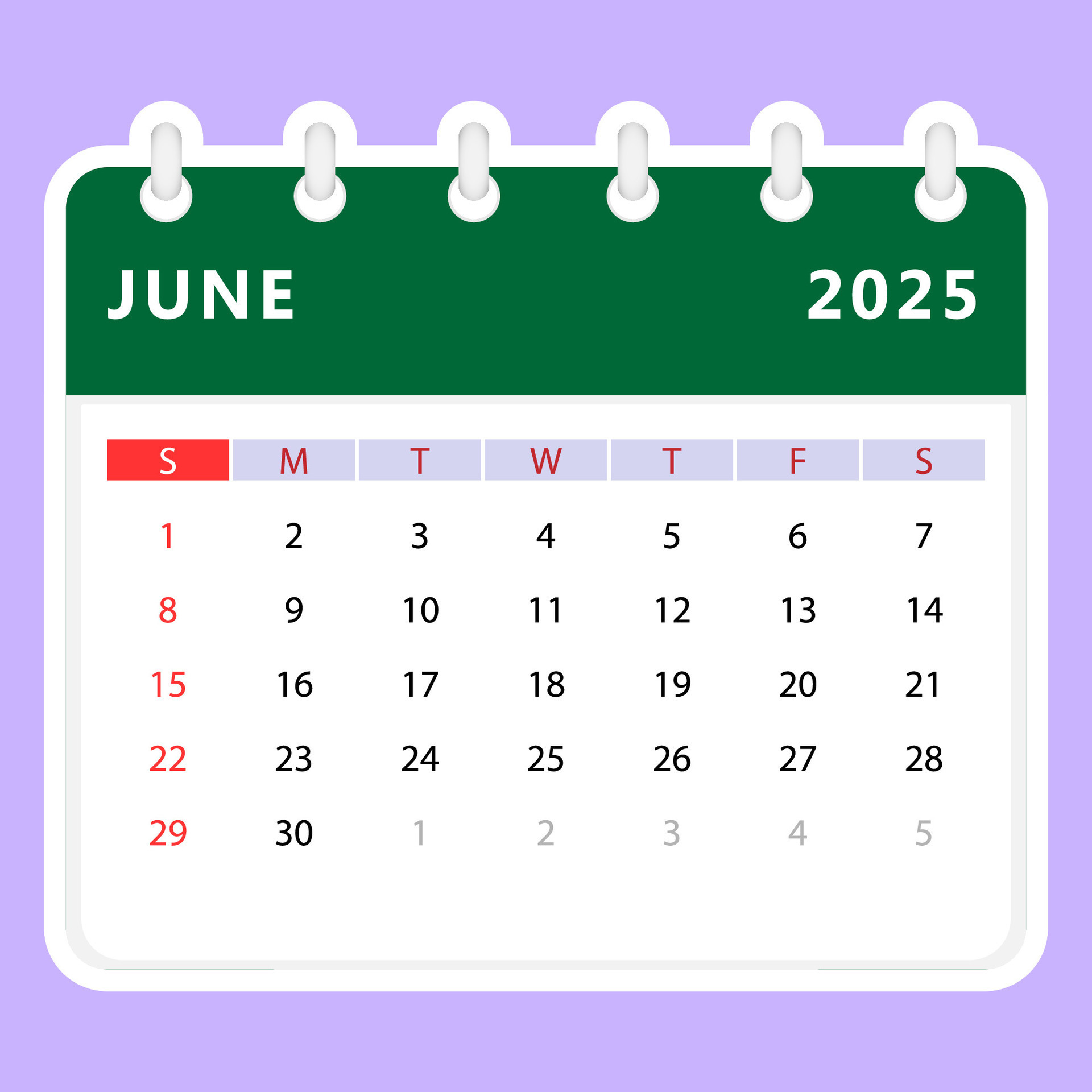 June 2025 calendar. Sunday start 45900016 Vector Art at Vecteezy