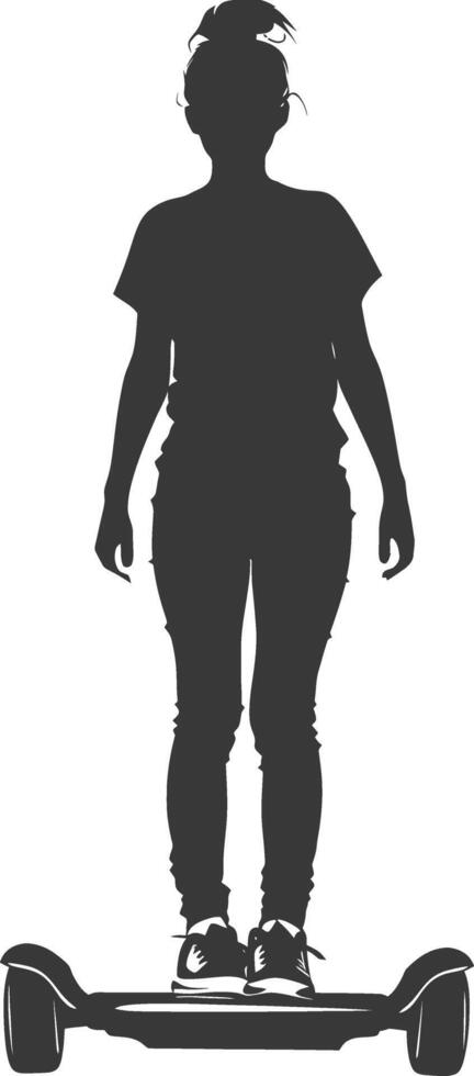 silhouette girl riding hoverboard full body black color only vector
