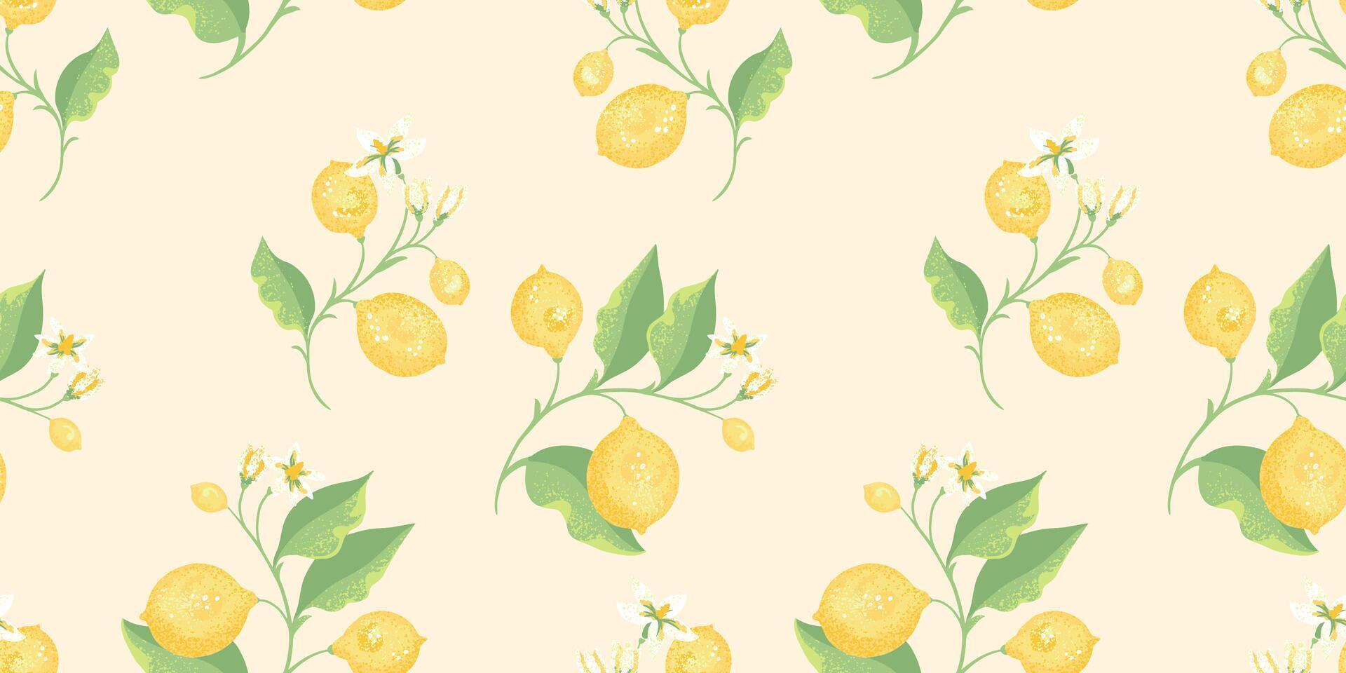 Tropical yellow lemons on branch with leaves scattered randomly on a seamless pattern. hand drawing illustration. Abstract artistic citrus fruit repeated printing on a light background. vector
