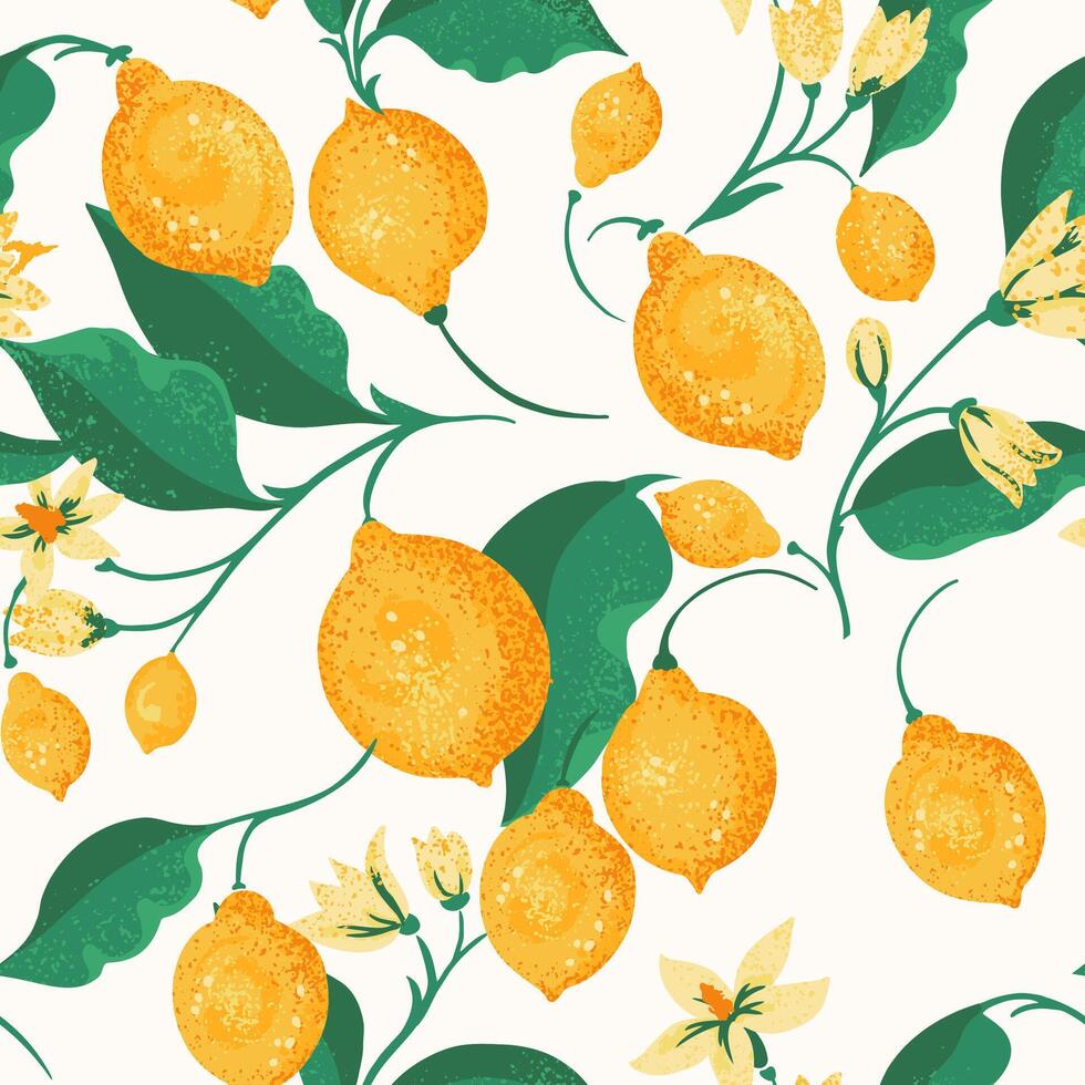 Tropical seamless pattern with yellow lemons on branch, green leaves on a white background. hand drawing. Abstract artistic summer fruits citrus illustration for printing. Ornament repeated vector