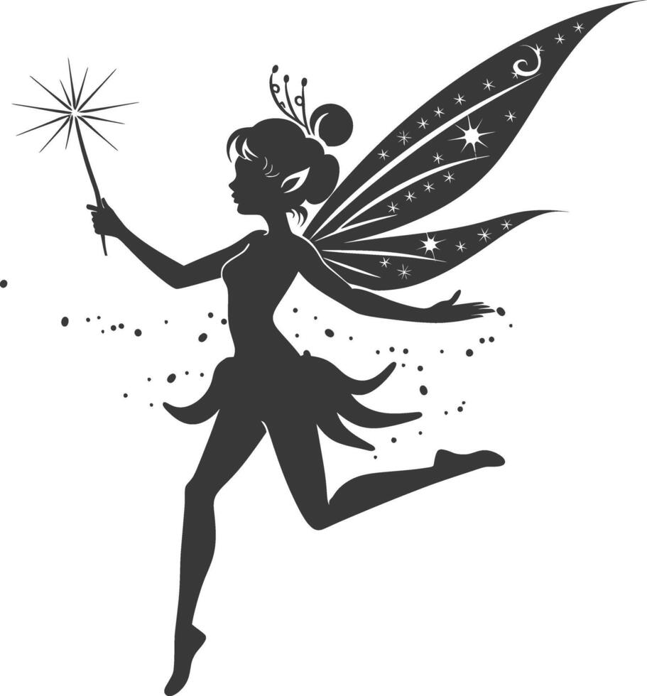 silhouette magical fairy with her wand full body black color only vector