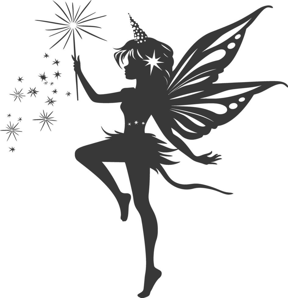 silhouette magical fairy with her wand full body black color only vector