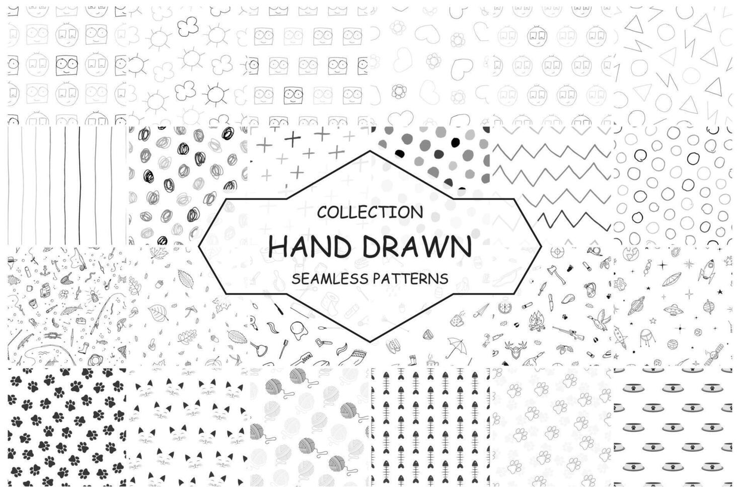 Collection of seamless black and white patterns - hand drawn design. Minimalistic unusual drawing monochrome backgrounds. Textile endless prints vector
