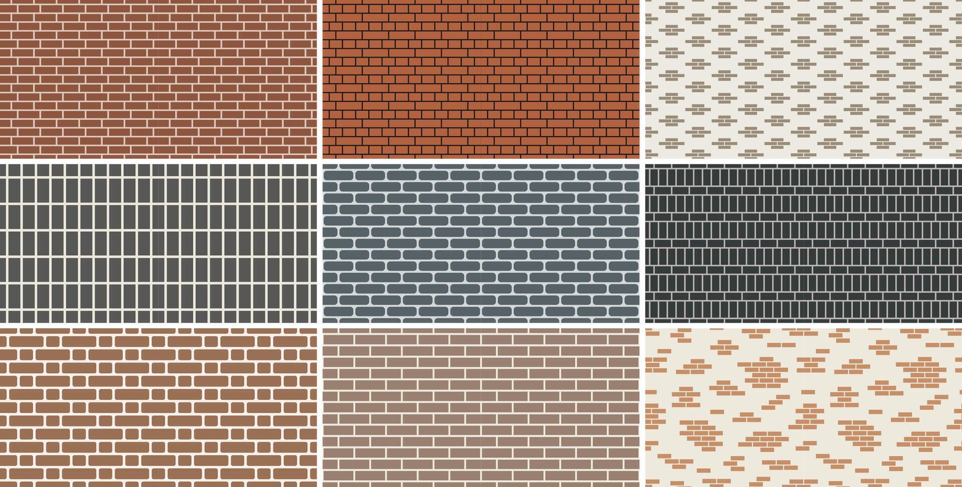 Collection of brick wall seamless patterns. Simple endless color brickwork decorative backgrounds. Minimalistic geometric repeatable textures vector