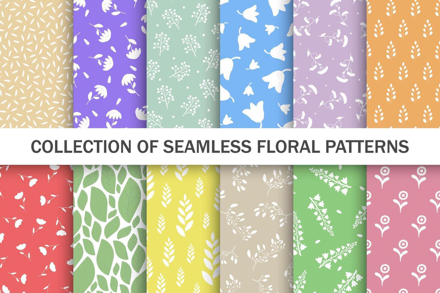 Collection of bright color seamless floral patterns - drawing design. Repeatable spring nature delicate backgrounds with branches and flowers. Textile endless vibrant prints vector