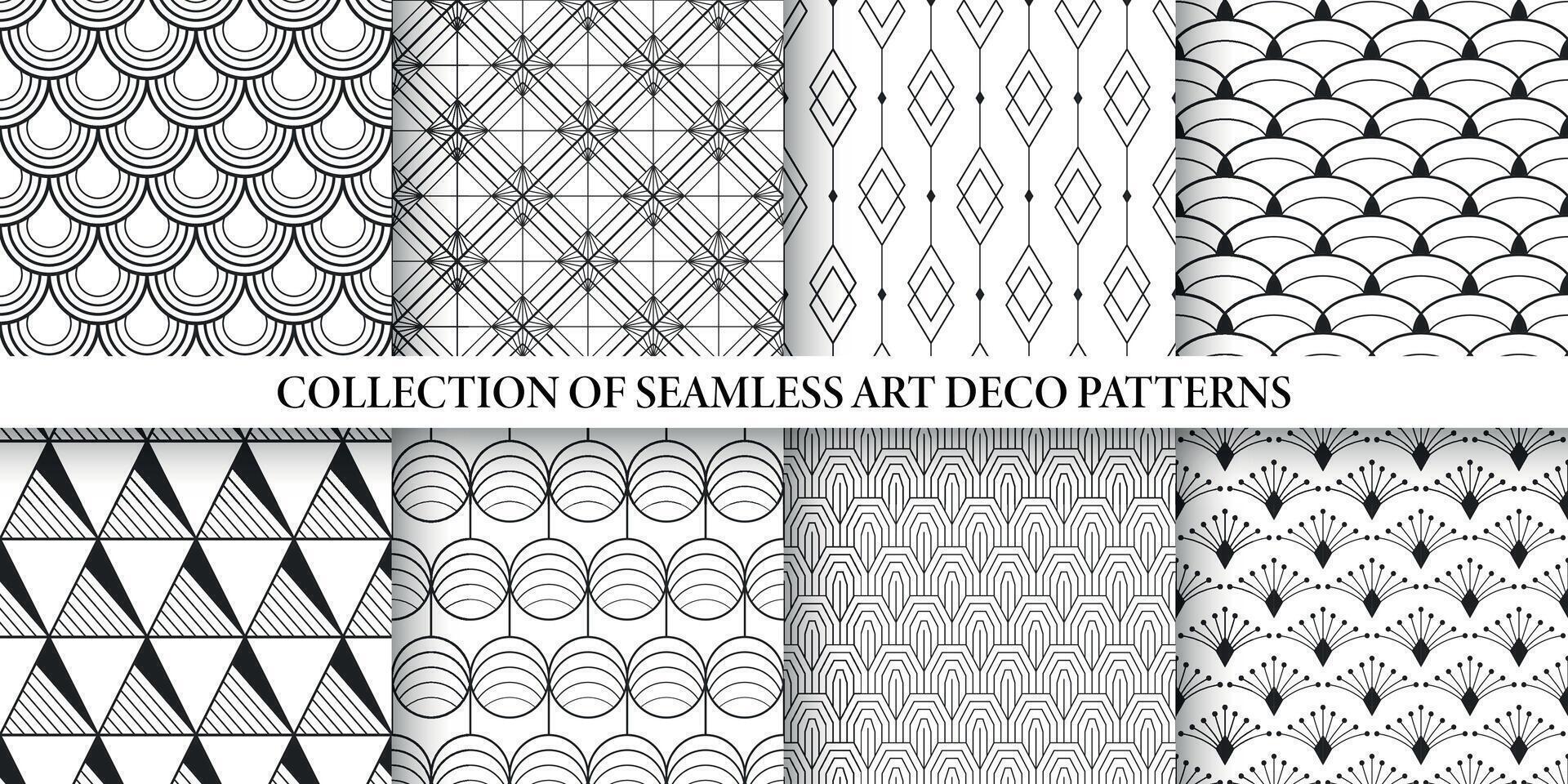 Collection of black and white ornamental seamless geometric patterns. Elegant endless art deco ornate backgrounds. Repeatable monochrome fabric prints vector