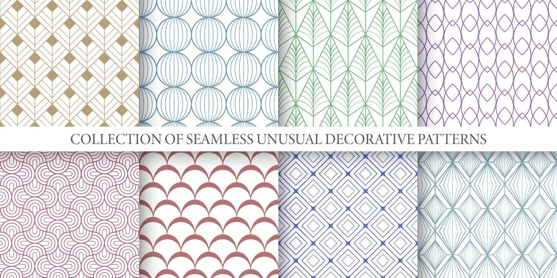 Collection of elegant color ornamental seamless geometric patterns. Fashion art deco ornate decorative backgrounds. Repeatable textile prints vector