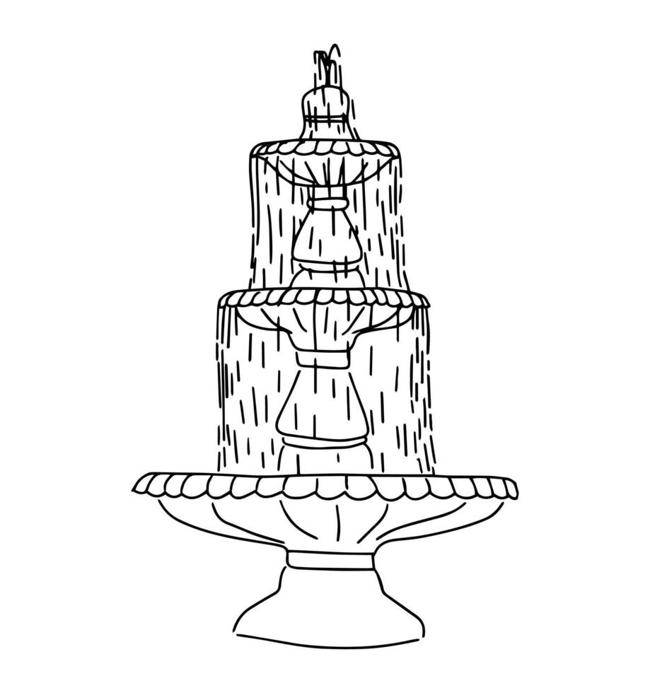 The classic water fountain is made in the shape of a flower, doodle style drawing. vector