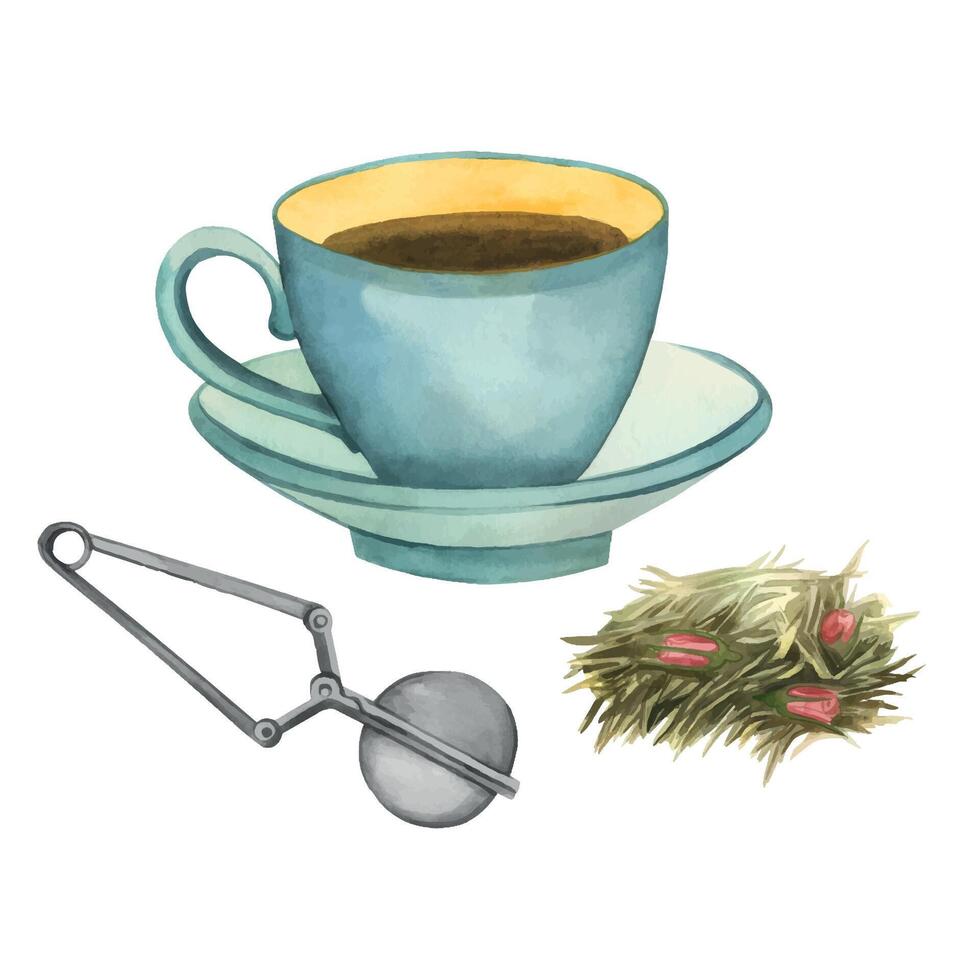 Watercolor illustration. A cup of blue tea, a green tea infuser, a tea strainer, an infuser for brewing. All objects are hand-painted with watercolors. For printing on fabric, product packaging, menus vector