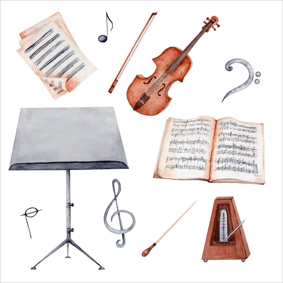 Violin, Music Stand, Notes and Sheet Music watercolor illustration. Classical Music isolated elements collection on white background. Perfect design for cards, graduation certificates, gifts vector