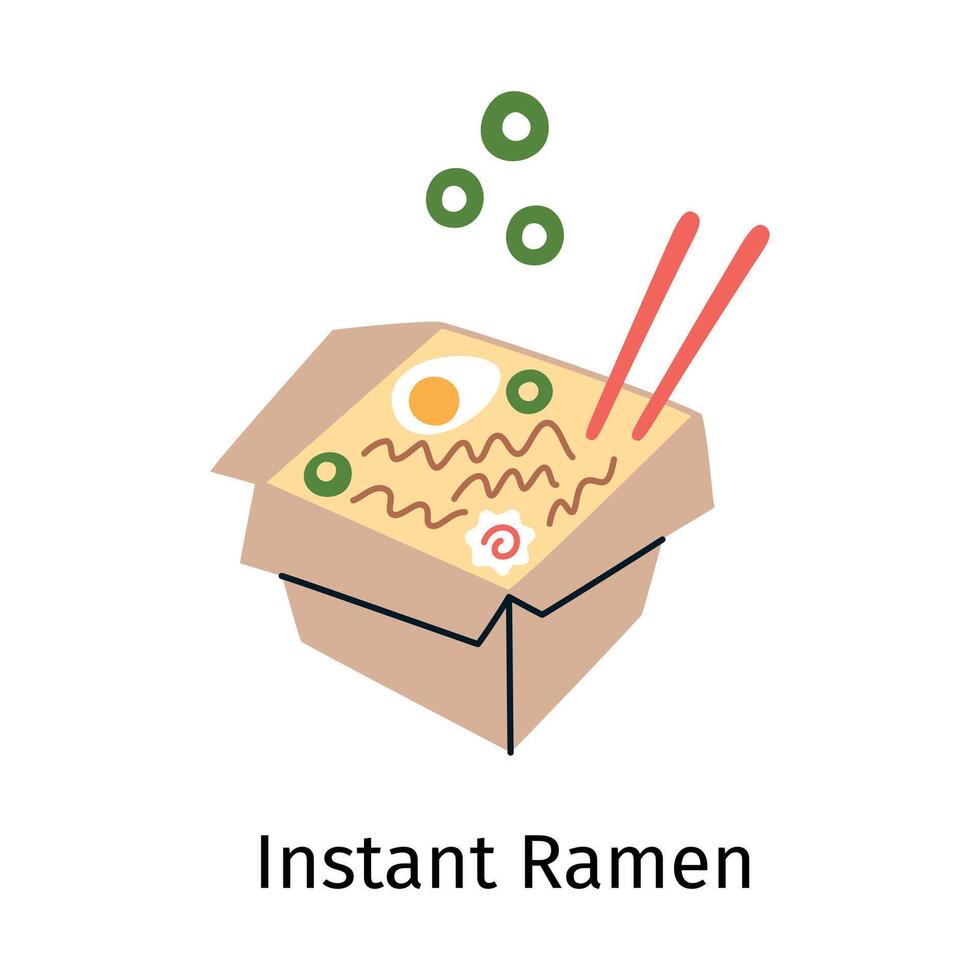 illustration of a takeout box with ramen and scallions, chopsticks sticking out. Doodle style, flat cartoon image for Asian cuisine, instant noodles, Korean street food vector