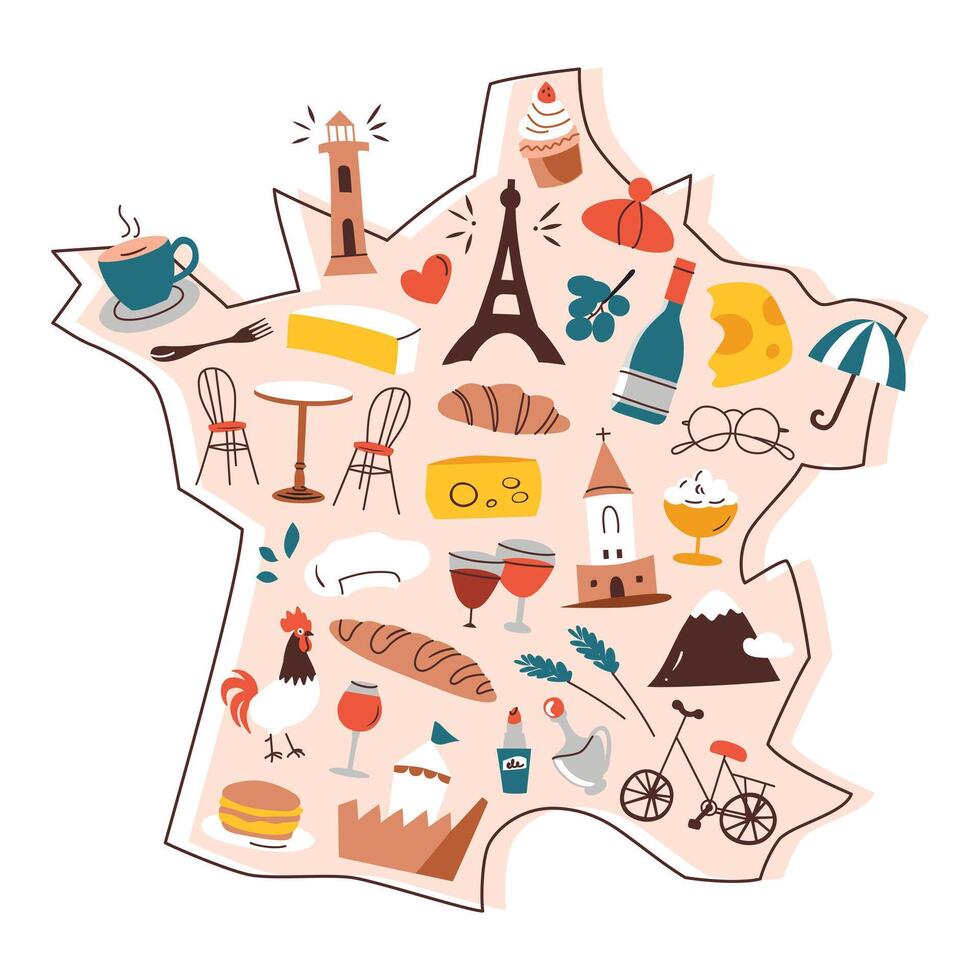 France map with doodles, french national symbols on country shape, travelling to Paris, Eifel tower illustration, geography cartoon composition for poster, brochure, and childrens book vector