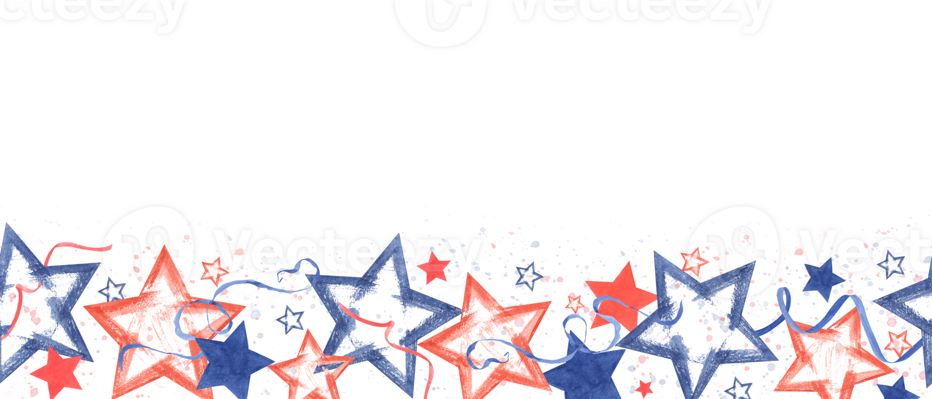 Red and blue stars in different shapes. Seamless horizontal banner in US national colors. Colored splashes. Empty space for text. American Independence Day, Columbus Day. Watercolor illustration png