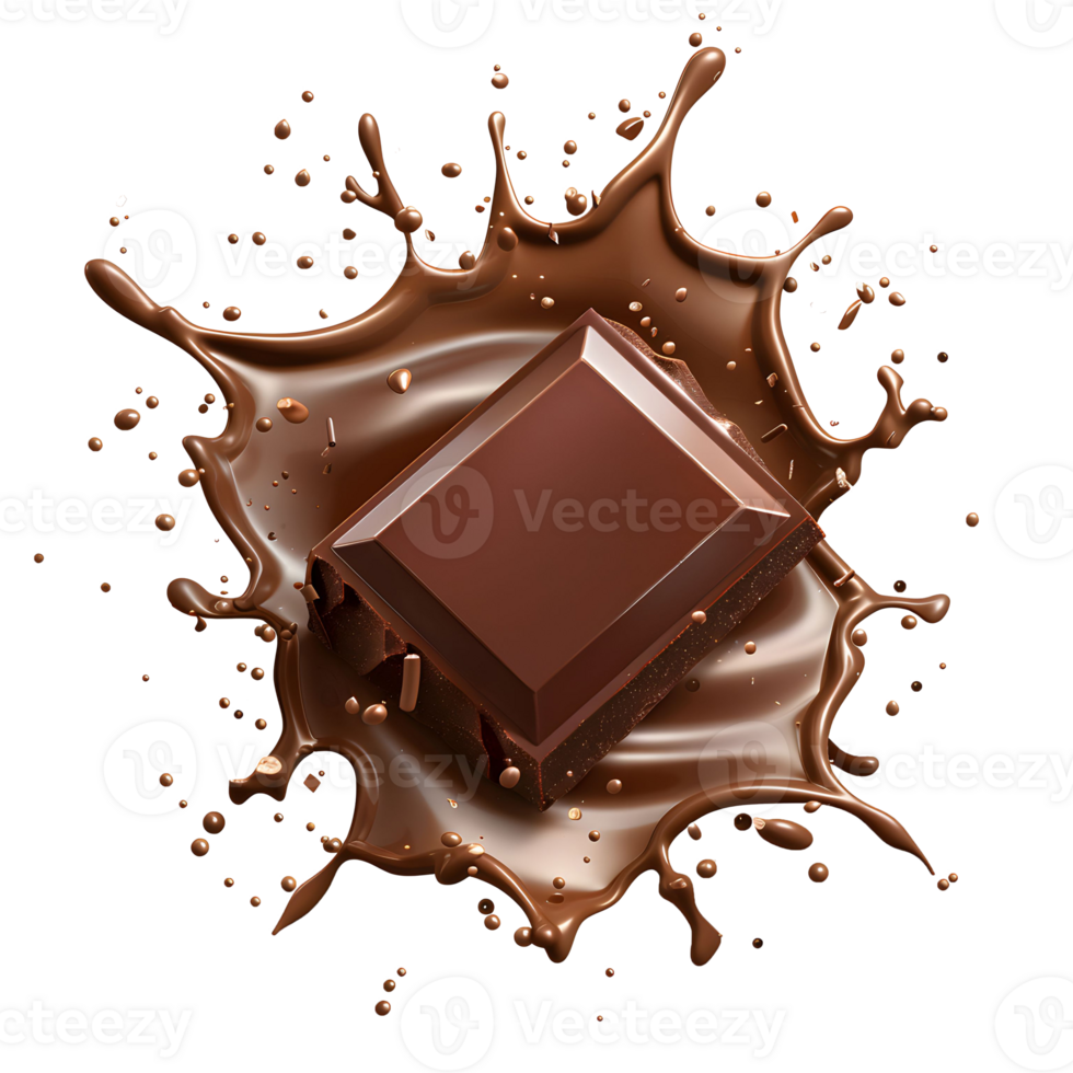 Chocolate bar submerged in cocoa, creating dynamic splash pattern. Dark bar contrasts png