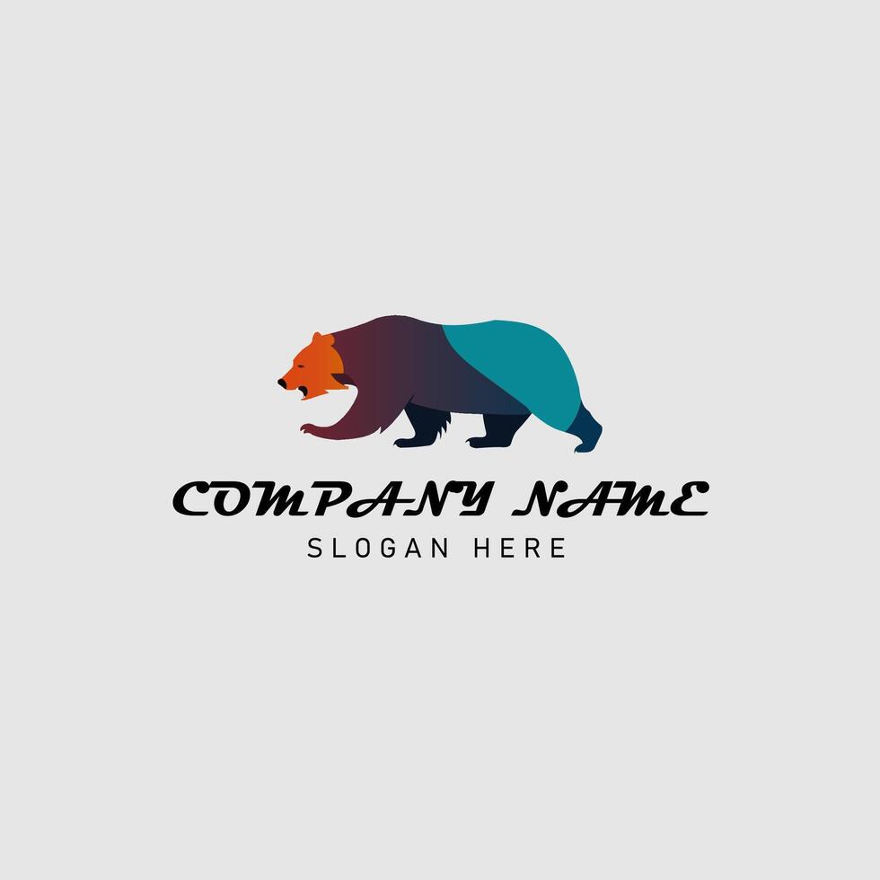 A simple and stylized logo featuring the silhouette of a bear head , forest, hill, and water minimalist logo vector