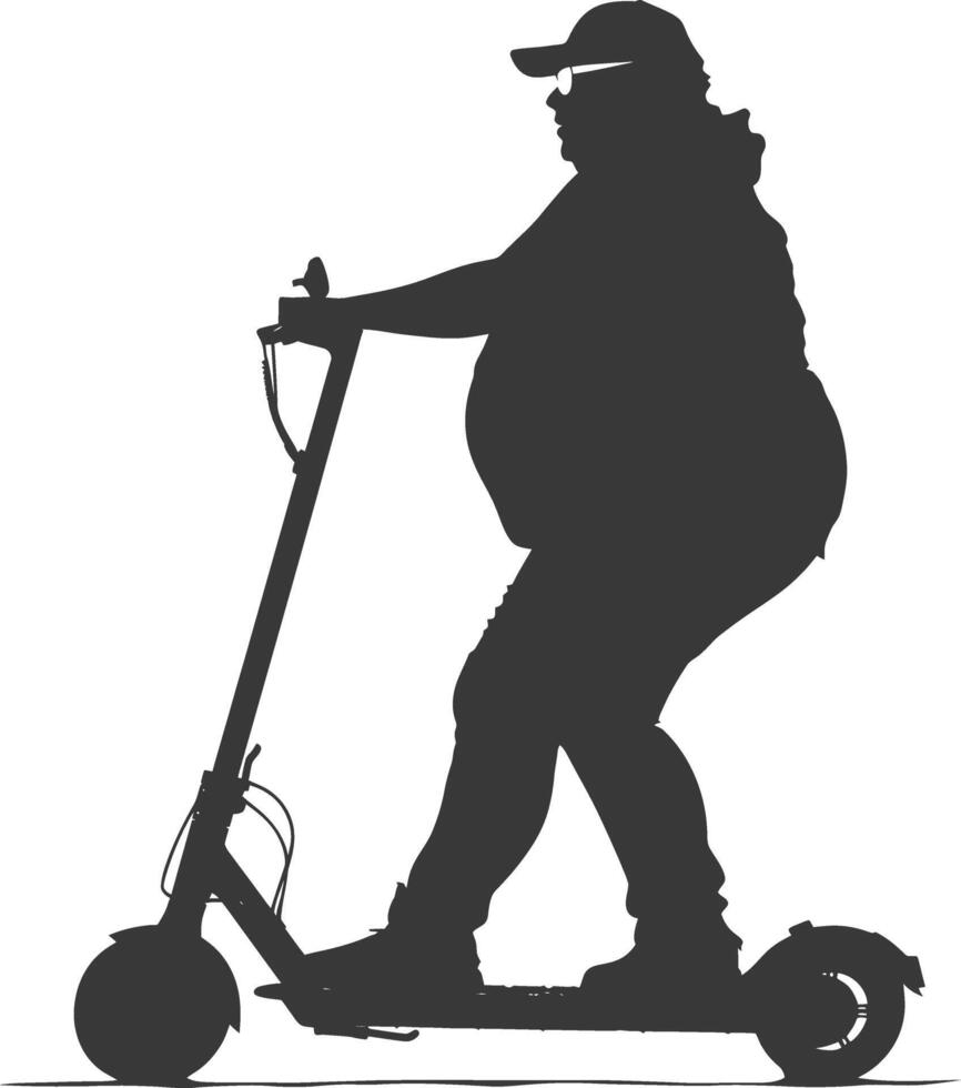 silhouette fat boy riding electric scooter full body black color only vector