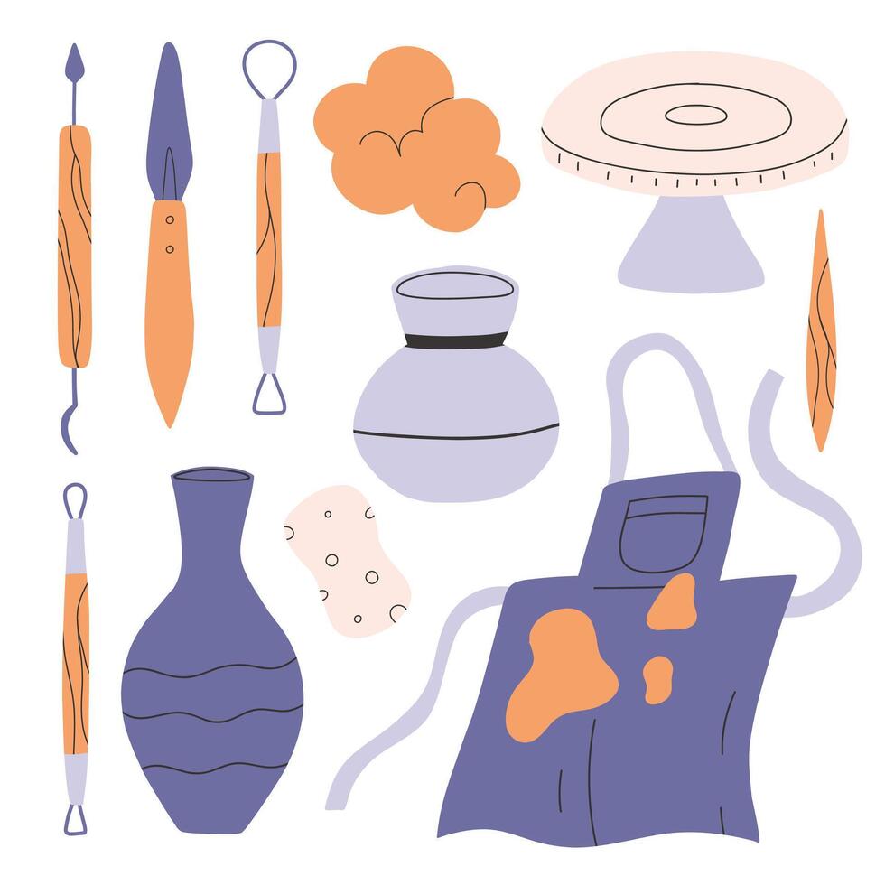 Set of pottery tools in flat style. Collection of tools for clay in hand drawn style. illustration. vector