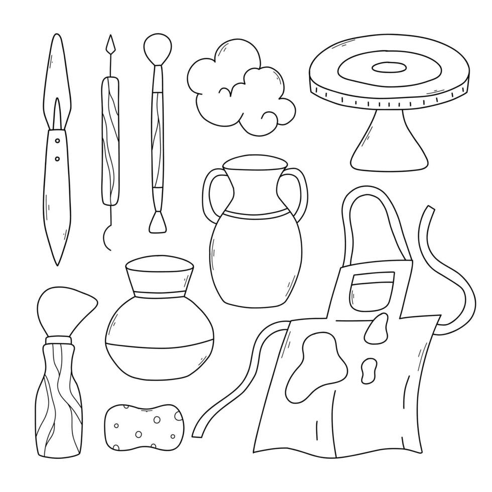 Set of pottery tools in doodle style. Collection of tools for clay in line style. illustration. vector