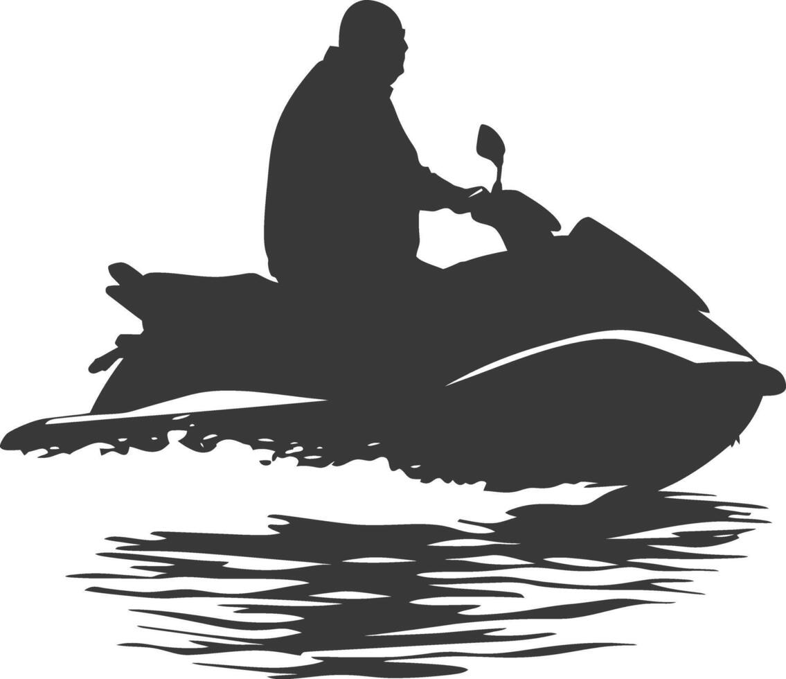 silhouette fat elderly man riding jet ski full body black color only vector