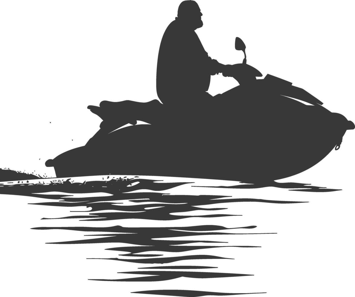 silhouette fat elderly man riding jet ski full body black color only vector