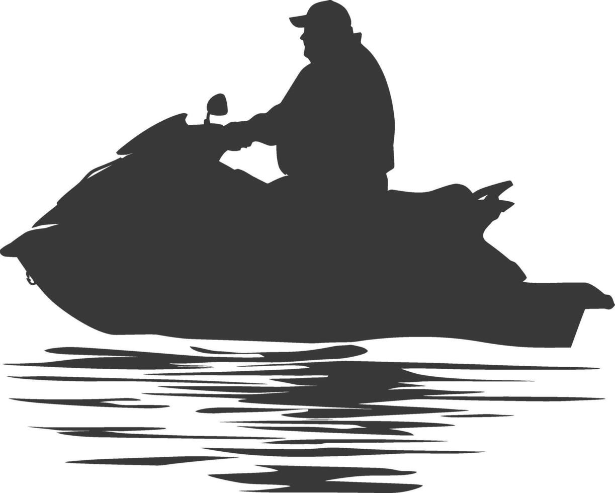 silhouette fat elderly man riding jet ski full body black color only vector