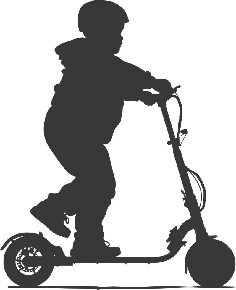 silhouette fat boy riding electric scooter full body black color only vector