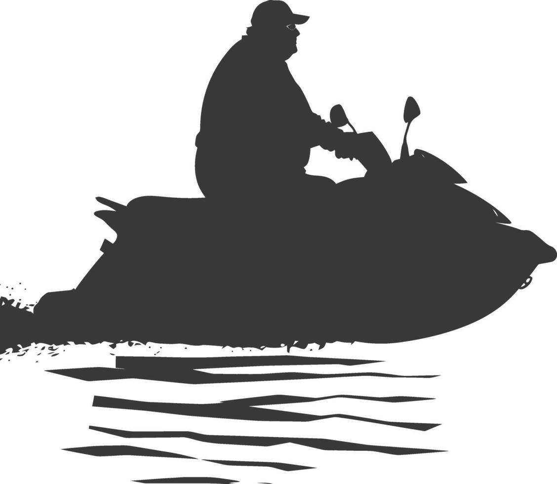 silhouette fat elderly man riding jet ski full body black color only vector
