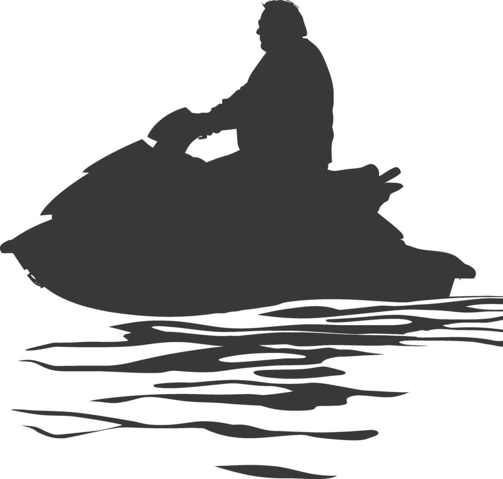 silhouette fat elderly man riding jet ski full body black color only vector