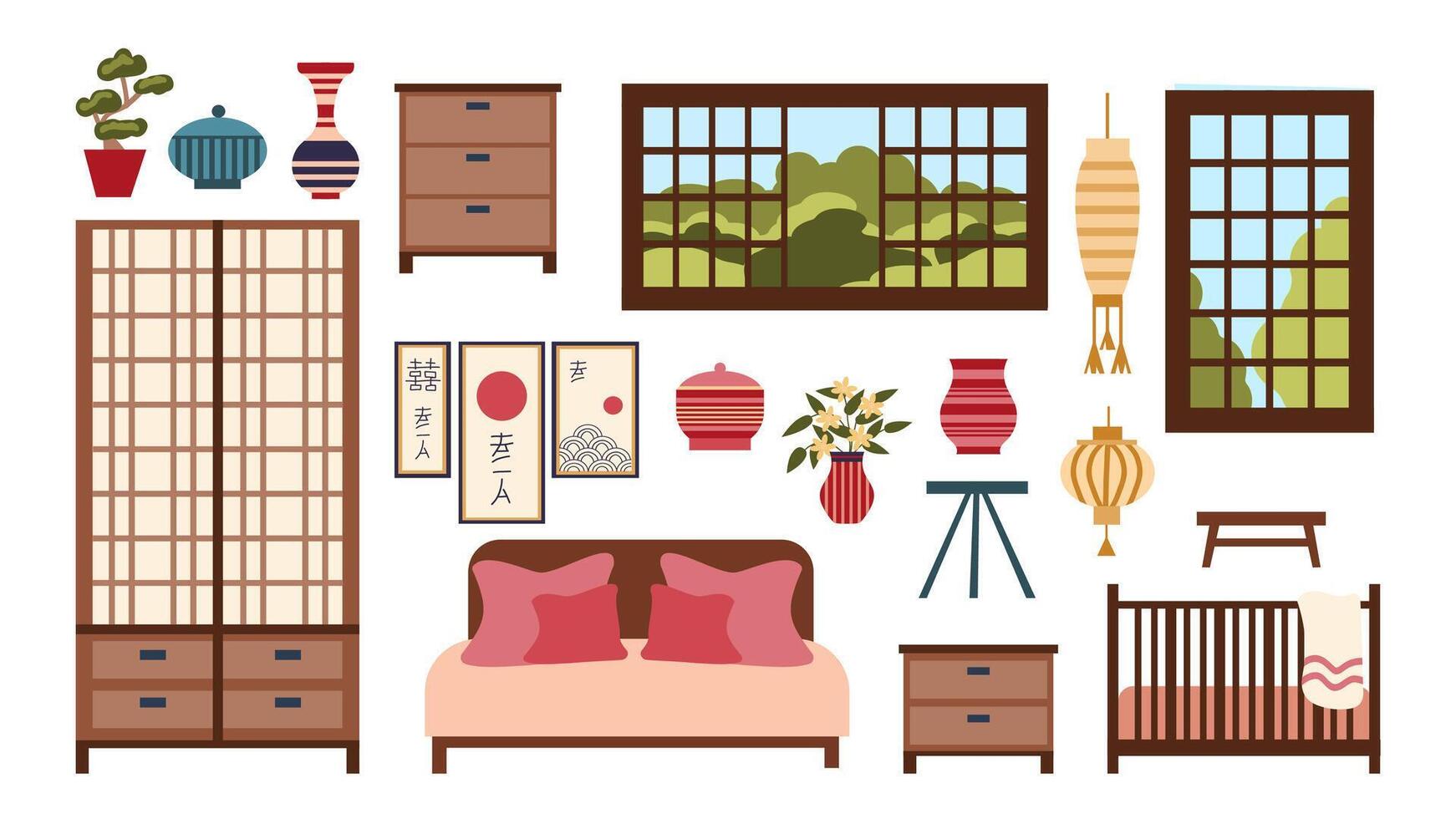 Set of furniture for a bedroom with a large bed and a cot in Asian style, a collection for an oriental Japanese interior, isolated on a white background, icons in a flat style vector