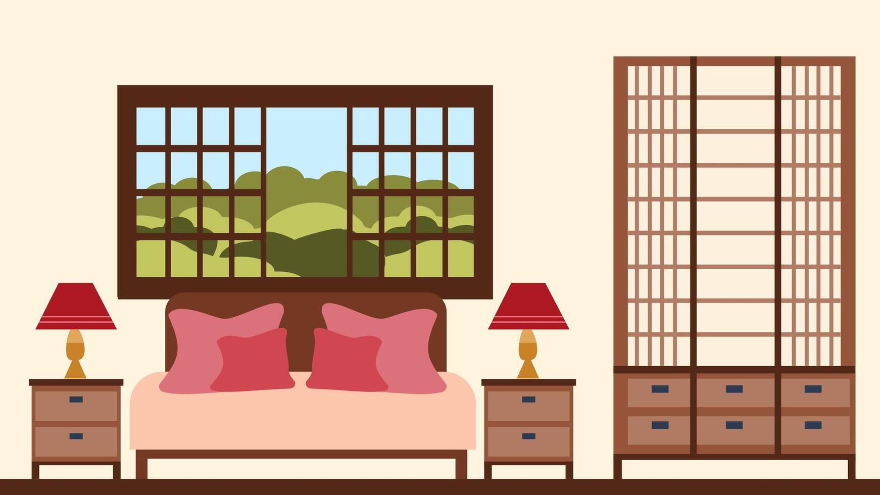 The interior of a modern cozy bedroom with a window above the bed and two bedside tables, made in Japanese style. The illustration is made in a flat style. vector