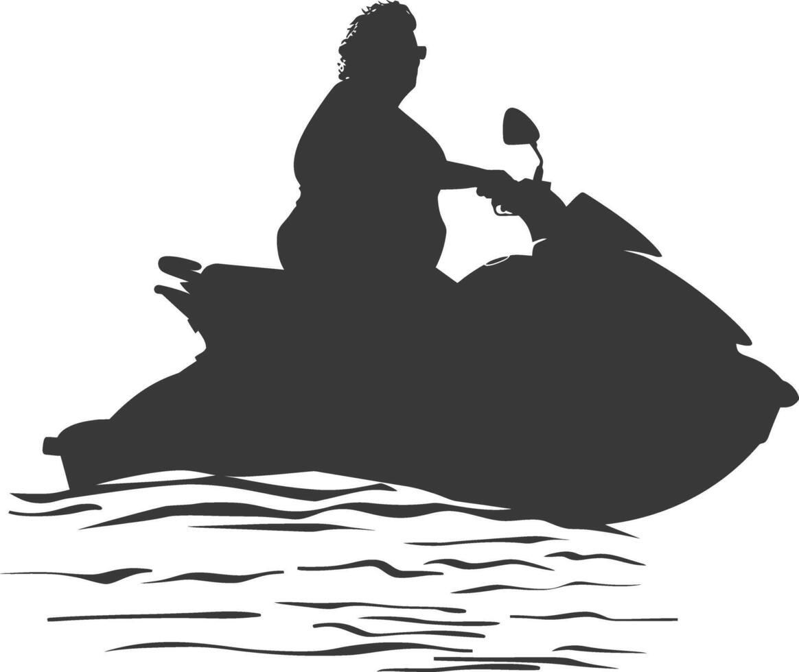 silhouette fat elderly woman riding jet ski full body black color only vector